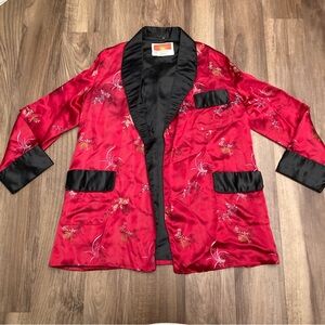 Vintage 60s Oriental  Lounge Robe Smoking Jacket Chinese Mens 44 Red Black Satin